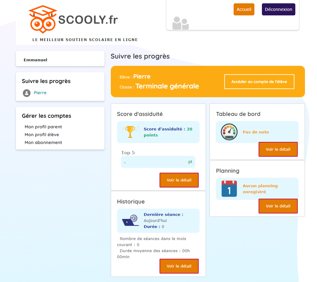Scooly.fr donne accès à un compte parent pour suivre les activités et les progrès de votre enfant pour un meilleur accompagnement scolaire.